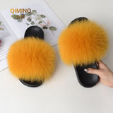 Women Summer Furry Fur Slippers Flat Non-slip Solid Real Fox Fur Slides Fluffy Slippers Ladies Shoes Woman Home Slipper