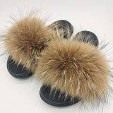 Women Summer Furry Fur Slippers Flat Non-slip Solid Real Fox Fur Slides Fluffy Slippers Ladies Shoes Woman Home Slipper