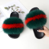 Women Summer Furry Fur Slippers Flat Non-slip Solid Real Fox Fur Slides Fluffy Slippers Ladies Shoes Woman Home Slipper