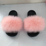 Women Summer Furry Fur Slippers Flat Non-slip Solid Real Fox Fur Slides Fluffy Slippers Ladies Shoes Woman Home Slipper