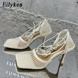 Eilyken 2023 New Sexy Mesh Pumps Sandals Female Square Toe High Heel Lace Up Cross-Tied Stiletto Hollow Dress Shoes