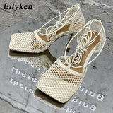 Eilyken 2023 New Sexy Mesh Pumps Sandals Female Square Toe High Heel Lace Up Cross-Tied Stiletto Hollow Dress Shoes