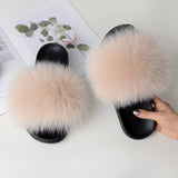 Women Summer Furry Fur Slippers Flat Non-slip Solid Real Fox Fur Slides Fluffy Slippers Ladies Shoes Woman Home Slipper