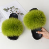 Women Summer Furry Fur Slippers Flat Non-slip Solid Real Fox Fur Slides Fluffy Slippers Ladies Shoes Woman Home Slipper