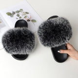 Women Summer Furry Fur Slippers Flat Non-slip Solid Real Fox Fur Slides Fluffy Slippers Ladies Shoes Woman Home Slipper