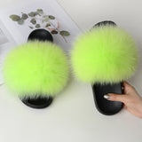 Women Summer Furry Fur Slippers Flat Non-slip Solid Real Fox Fur Slides Fluffy Slippers Ladies Shoes Woman Home Slipper