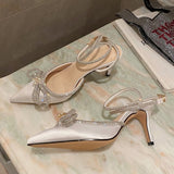 2023 New Fashion Glitter Rhinestones Women Pumps Crystal Bowknot Silk Pointed Toe Buckle Strap Thin High Heels Party Prom Shoes