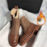 Mid-Tube High-Top Round-Toe Women's Short Boots Frosted Leather Thick-Soled Korean Leather Plush Women's Snow Boots