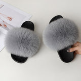 Women Summer Furry Fur Slippers Flat Non-slip Solid Real Fox Fur Slides Fluffy Slippers Ladies Shoes Woman Home Slipper