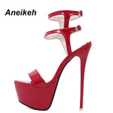 Aneikeh New 2023 Summer Fashion Sandals Sexy Open Toe 16CM High Heels Party Dress Wedding Nightclub Women Shoes Black Red 45 46