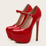 Sexy Red High Heels Platform Pumps 17cm Women Fashion Runway Patent Leather Round Toe Buckle Strap Party Wedding Stripper Shoes
