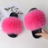 Women Summer Furry Fur Slippers Flat Non-slip Solid Real Fox Fur Slides Fluffy Slippers Ladies Shoes Woman Home Slipper