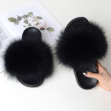 Women Summer Furry Fur Slippers Flat Non-slip Solid Real Fox Fur Slides Fluffy Slippers Ladies Shoes Woman Home Slipper