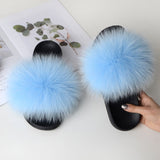 Women Summer Furry Fur Slippers Flat Non-slip Solid Real Fox Fur Slides Fluffy Slippers Ladies Shoes Woman Home Slipper