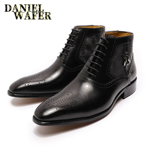 Luxury Men Ankle Boots Genuine Leather Shoes Fashion Printed Medallion Lace Up Pointed Toe Dress Wedding Office Basic Boots Men