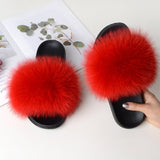 Women Summer Furry Fur Slippers Flat Non-slip Solid Real Fox Fur Slides Fluffy Slippers Ladies Shoes Woman Home Slipper