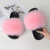 Women Summer Furry Fur Slippers Flat Non-slip Solid Real Fox Fur Slides Fluffy Slippers Ladies Shoes Woman Home Slipper