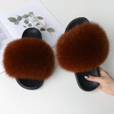 Women Summer Furry Fur Slippers Flat Non-slip Solid Real Fox Fur Slides Fluffy Slippers Ladies Shoes Woman Home Slipper