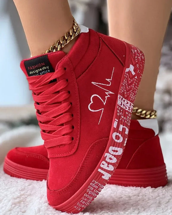 Sneakers Women's Heart Embroidery Lace-up Platform Women Vulcanized Shoes Sneakers Casual Shoes Graffiti Flat Zapatos Hombe