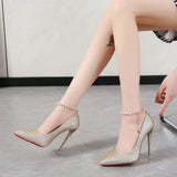 Sexy One Word Buckle High Heels 2023 Summer Fashion 12cm Super Heel Lady Party Pumps Large Pointed Toe Stiletto Women's Shoes 45