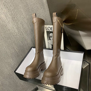 Women Boots 2022 New Winter Boots Women Knee High Boots Thick Sole Heel Round Toe Zipper Ladies Long Boots Chain Knight Boots