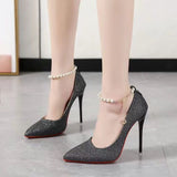 Sexy One Word Buckle High Heels 2023 Summer Fashion 12cm Super Heel Lady Party Pumps Large Pointed Toe Stiletto Women's Shoes 45