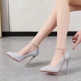 Sexy One Word Buckle High Heels 2023 Summer Fashion 12cm Super Heel Lady Party Pumps Large Pointed Toe Stiletto Women's Shoes 45