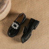 Brand Rhinestone Buckle Shoes Ladies 2023 Thicken Soled Flats Japanned Leather Oxfords Women Casual Slip On Loafers Lolita Shoes