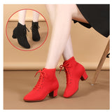 DKZSYIM New Women Ballroom Latin Dance Shoes Jazz Modern Dance Shoes Lace Up Dancing Boots Red Black Sports Dancing Sneakers