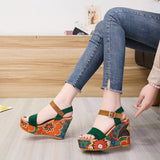 2022 Summer Wedge Sandals for Women Retro Ethnic Print Platform Shoes Ladies Casual Ankle Buckle Comfortable Sandalias De Mujer