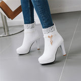 2022 Fashion High Heels Woman Booties Lace Design Princess Platform Party Wedding Womens Shoes White Black Ankle Boots Winter