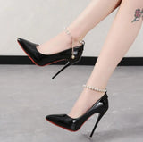 Sexy One Word Buckle High Heels 2023 Summer Fashion 12cm Super Heel Lady Party Pumps Large Pointed Toe Stiletto Women's Shoes 45