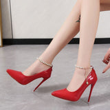 Sexy One Word Buckle High Heels 2023 Summer Fashion 12cm Super Heel Lady Party Pumps Large Pointed Toe Stiletto Women's Shoes 45