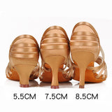 Professional Latin Dance Shoes Female Adult Medium High Heel Satin Soft Sole National Standard Dance Rumba Cha Dance Shoes