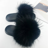 Women Summer Furry Fur Slippers Flat Non-slip Solid Real Fox Fur Slides Fluffy Slippers Ladies Shoes Woman Home Slipper