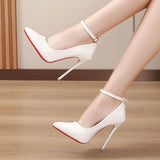 Sexy One Word Buckle High Heels 2023 Summer Fashion 12cm Super Heel Lady Party Pumps Large Pointed Toe Stiletto Women's Shoes 45